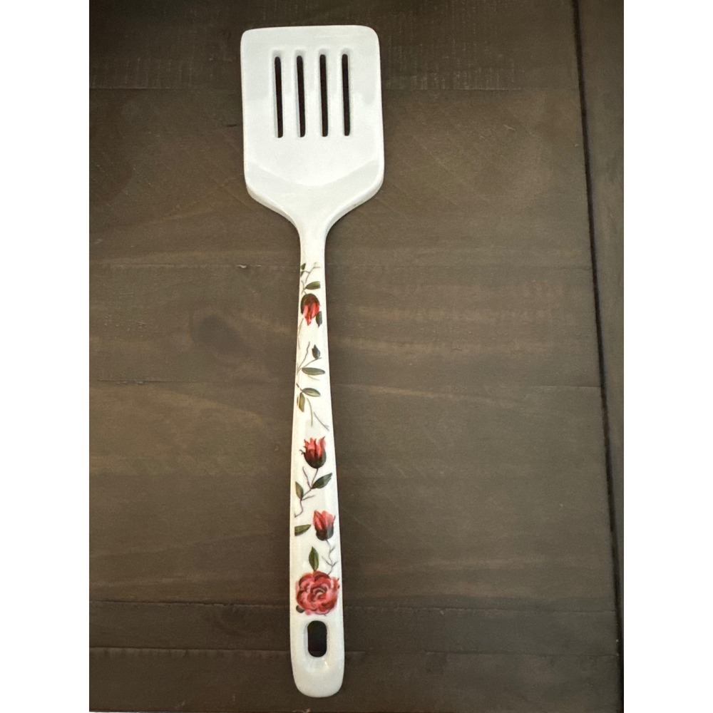 Vintage Style White Melamine Slotted Spatula Turner Red Rose Floral Pattern